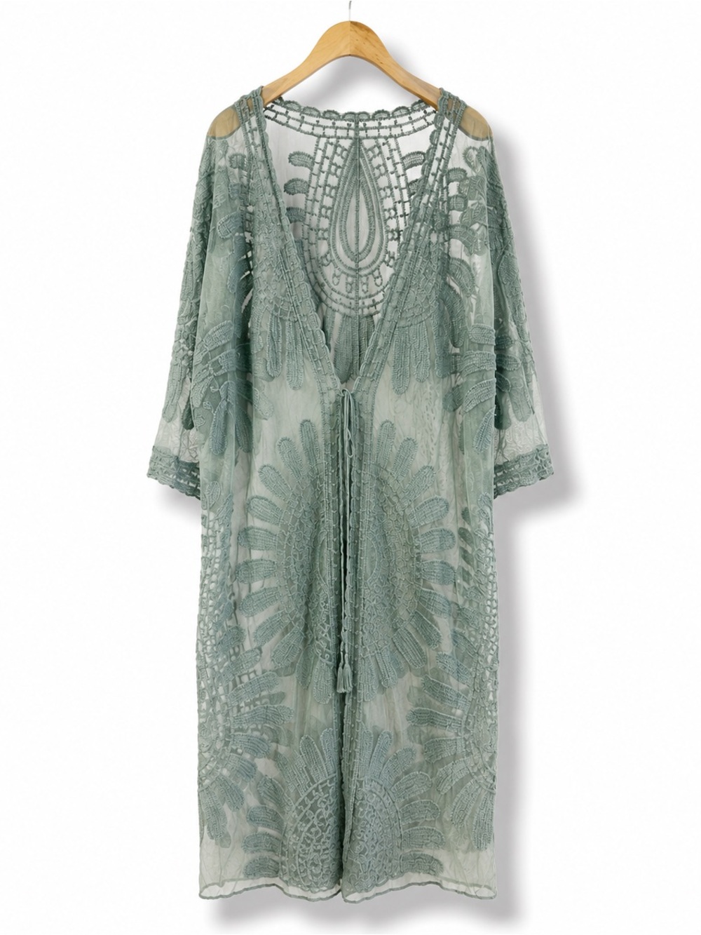 Boho Embroidered Lace Kimono Duster Sheer Beach Cover Up Resortwear OS